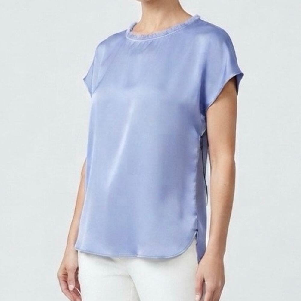 S'EDGE Atlanta Periwinkle Purple Fringe Neck Short Sleeve Satin Blouse Size L